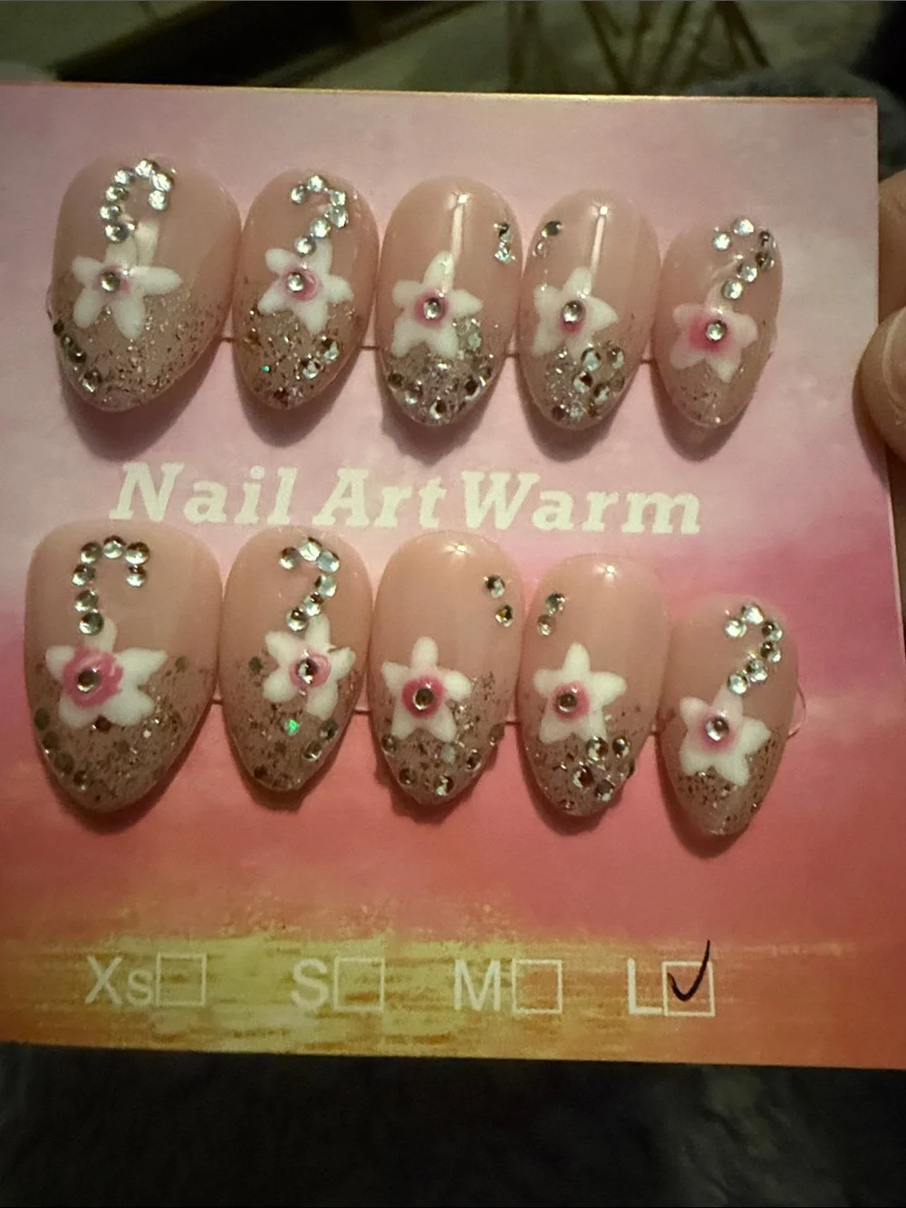 Pink Floral Rhinestone handmade acrylic Press-On Nails